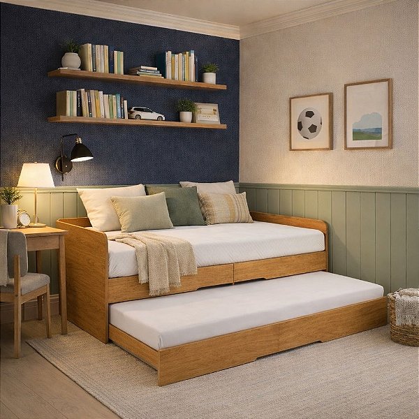 Cama Julie em madeira - com 2 gavetas e auxiliar.