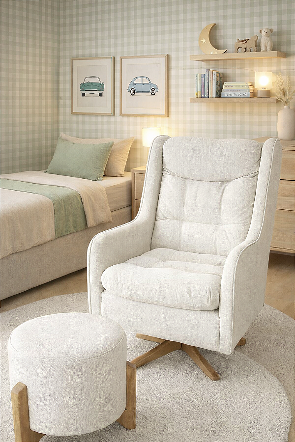 Poltrona Amamentação Isa com puff redondo - balanço e giro - Linho aveludado off white.