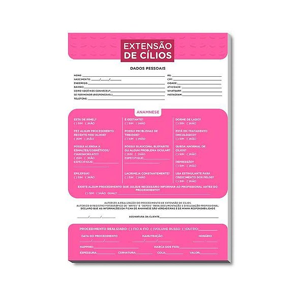 Ficha de anamnese cílios (100 folhas)