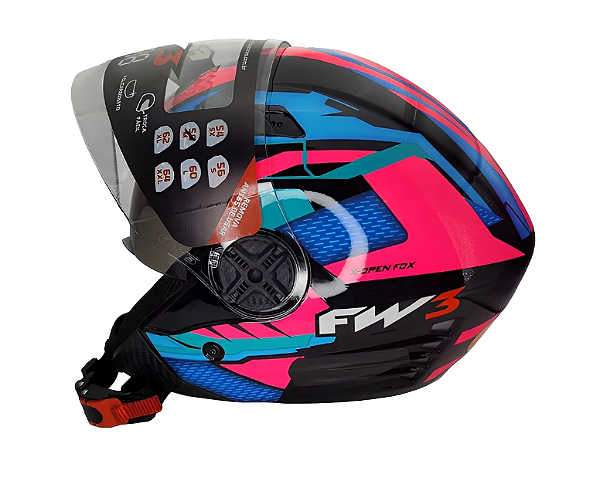 CAPACETE FW3 X OPEN UP FOX ROSA COM AZUL C/ OCULOS