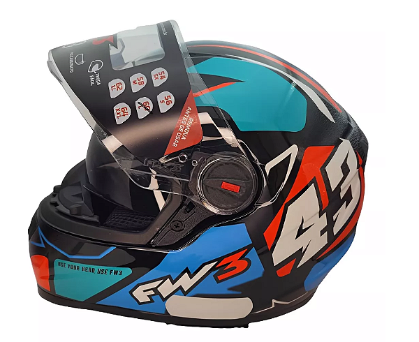 CAPACETE FW3 GTX 43 AZUL E VERMELHO COM OCULOS