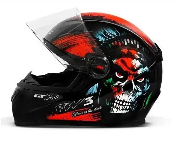 CAPACETE FW3 GT SKULL CAVEIRA PRETO - BRILHA NO ESCURO