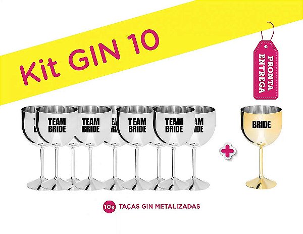 Kit 10 Taças Gin Metalizadas Bride Dourada/Team Bride Prateada