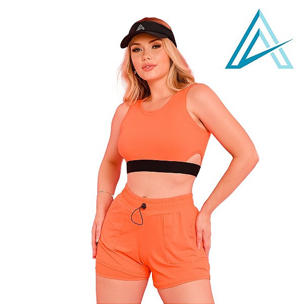 Conjunto Use Aptitude Choices Fluity Top Com Fenda Short Duplo Laranja