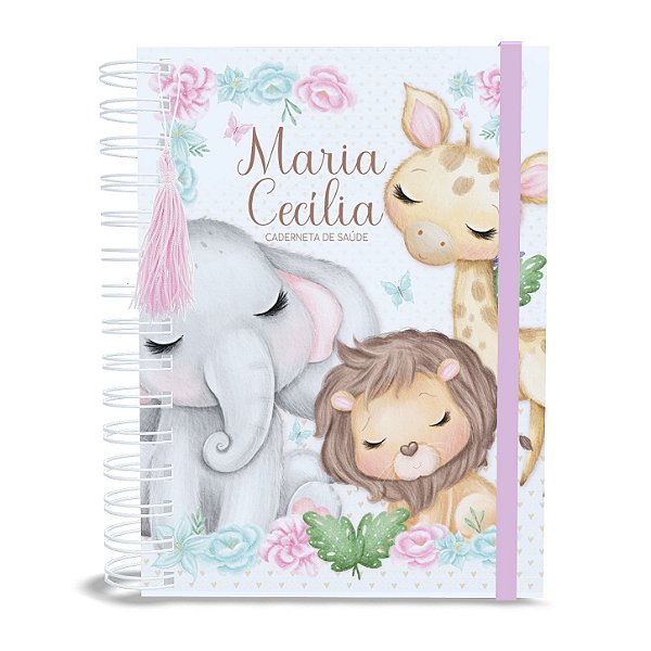 Caderneta de Saúde A5 Personalizada Safari Animais Aquarela Menina