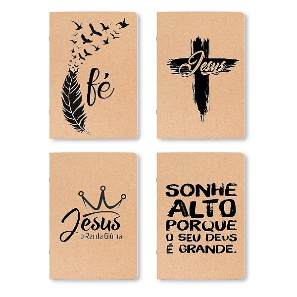 Cadernos Kraft, A5, 80 Páginas Sem Pauta, 90g, Conjunto com 4 Designs, Grampeados