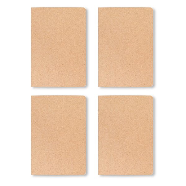 Kit com 4 Cadernos Kraft Liso, A5, 80 Páginas Sem Pauta, 75g, Grampeado