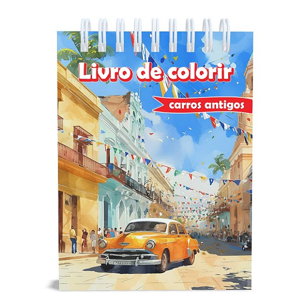 Livro de Colorir Carros Antigos, Capa Dura, A5, 50 desenhos, 120g, Acetato