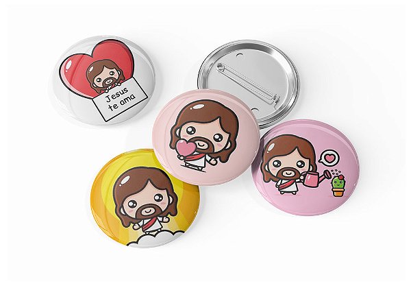 Kit com 4 Botton Alfinete Redondo ou Coração Jesus Cute Fofo