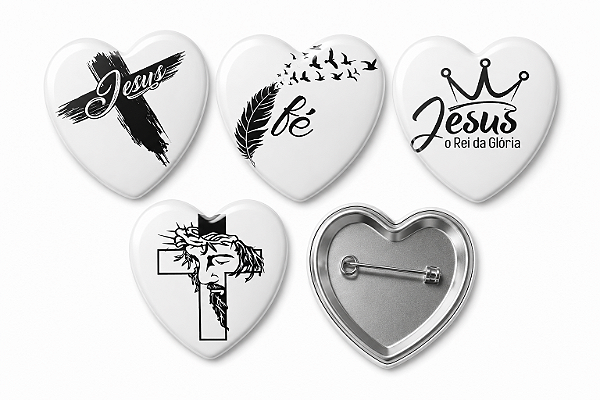 Kit com 4 Botton Alfinete Redondo ou Coração Jesus Fé Rei da Glória