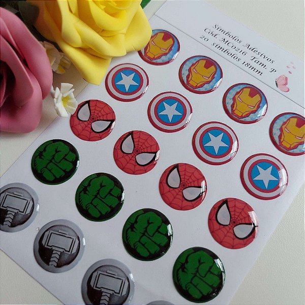 Símbolos Adesivos Resinados MC0216 Super Heróis Tamanho P  18mm - Cartela com 20 símbolos