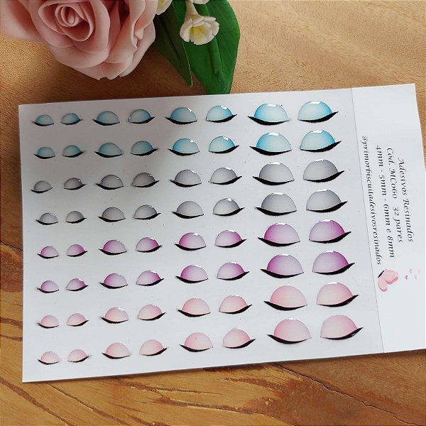Olhos Adesivos Resinados MC060 - Olho Fechado com Sombra nas Cores Azul, Cinza, Lilás e Rosa