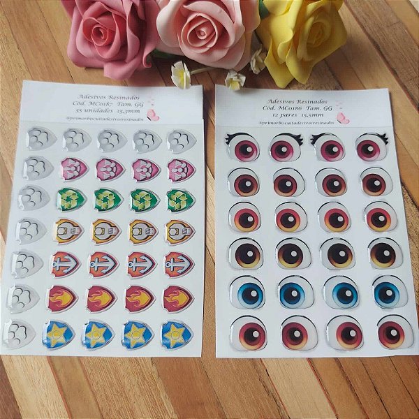 Combo 2 cartelas Olhos e Símbolos Adesivos Resinados Patrulha - MC0186 e MC0187 Tamanho GG