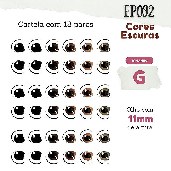 Olhos Adesivos Resinados -EP092 Cores Escuras- Preto, Castanho Escuro, Castanho Claro, Marrom Claro, Castanho Esverdeado