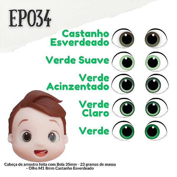 Olho Adesivo Resinado - EP034 Tons de Verde - Claro, Acinzentado, Suave, Castanho Esverdeado e Cartela Mista