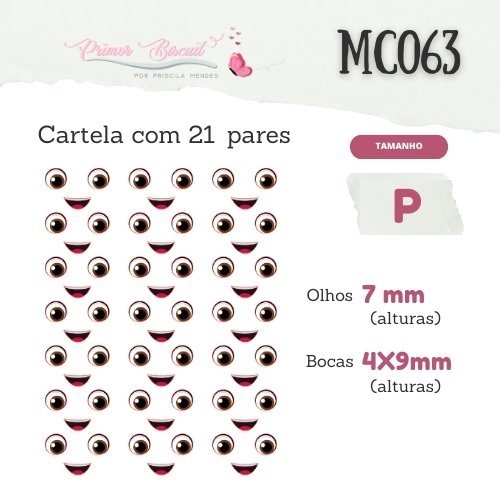Adesivos Resinados - MC063 - P - Olhos e boca - Cartela com 21 pares