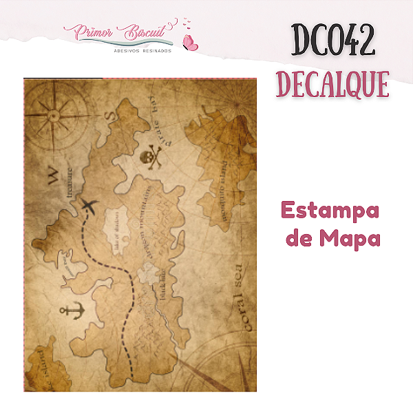 Decalque - DC042 - com Fundo Transparente - Estampa de Mapa de Piratas