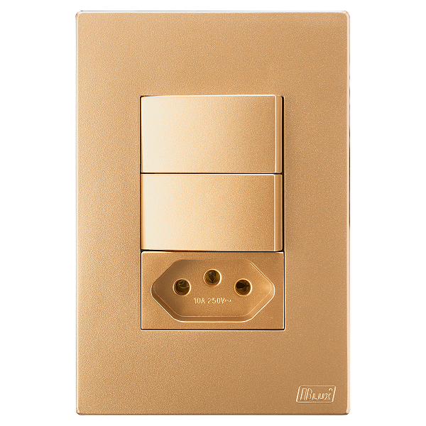 Conjunto Interruptor Duplo Paralelo + Tomada 10A Recta Ouro Nobre Fosco Blux