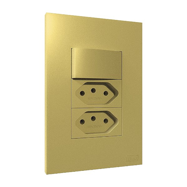 Conjunto Tomada Dupla 10A + Interruptor Simples Recta Ouro Nobre Fosco Blux