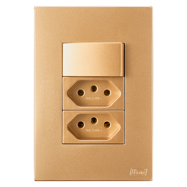Conjunto Tomada Dupla 10A + Interruptor Simples Recta Ouro Nobre Fosco Blux