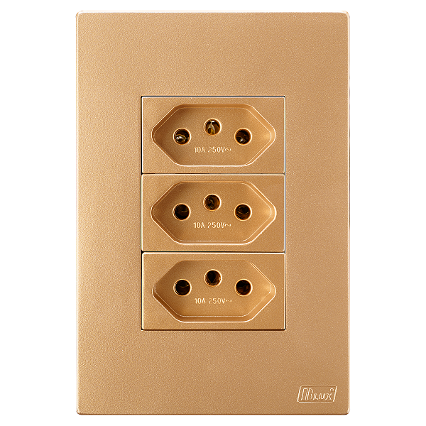 Conjunto Tomada Tripla 10A Recta Ouro Nobre Fosco Blux