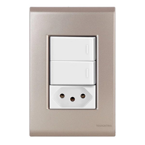Conjunto Interruptor Duplo Simples + Tomada 20A Liz Ouro Velho c/ Branco Tramontina