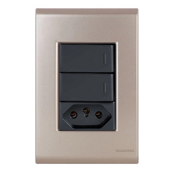 Conjunto Interruptor Duplo Paralelo + Tomada 20A Liz Ouro Velho c/ Grafite Tramontina