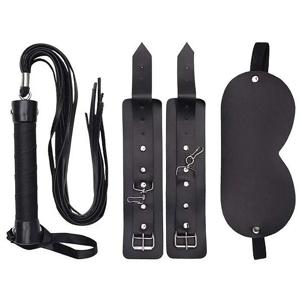 KIT FETICHE 3 EM 1 ALGEMA, VENDA E CHICOTE PRETO