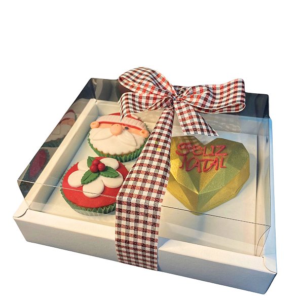 Caixa borda moldura com tampa em acetato / modelo coração lapidado e  2 cupcakes - 10 unidades