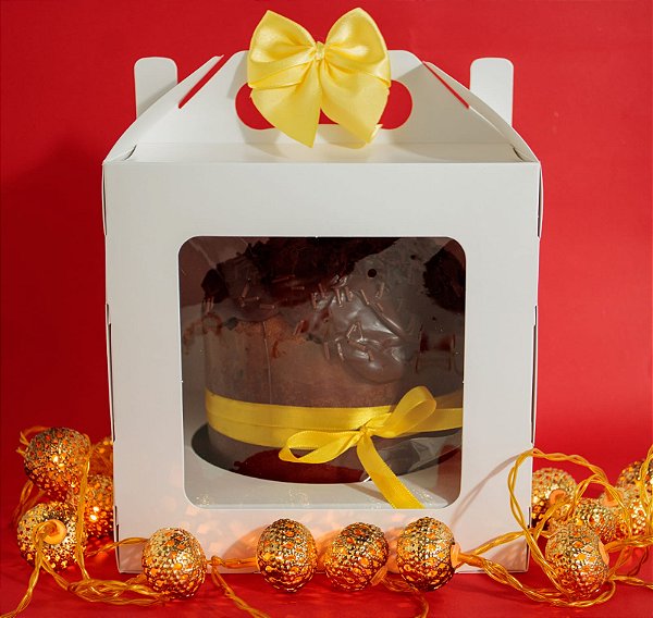 Caixa com visor em acetato e alça para panetone 500 gramas - 10 unidades