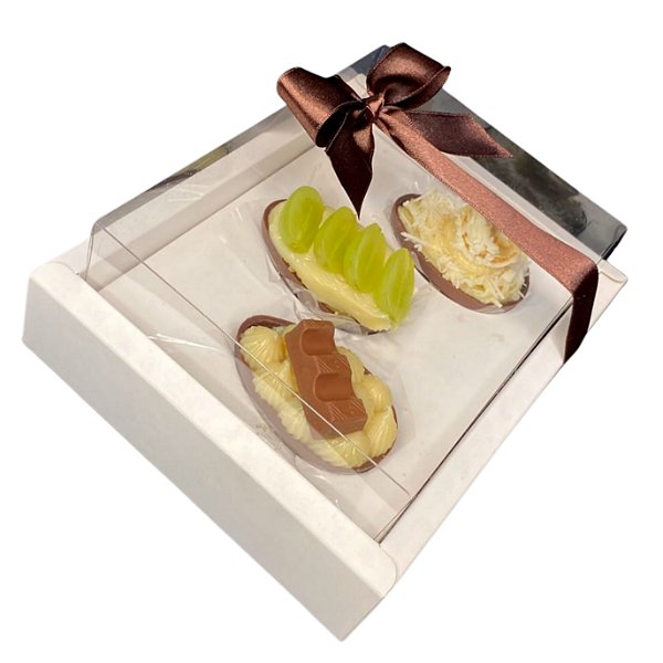 Caixa borda moldura com tampa em acetato para trio de ovos de colher 50 gramas - 10 unidades