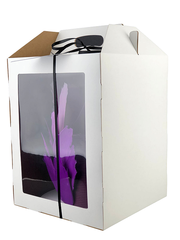 Caixa para bolo alto com alça e visor em acetato - 26x26x34
