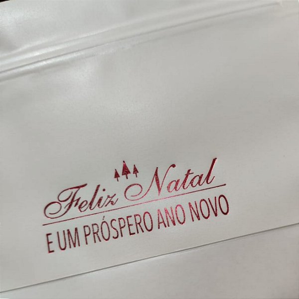 Saco Stand Up Pouch 14x20 Branco  com aplicação de hotstamping vermelho  tema Natal