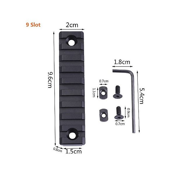 Trilho Metal 9(10cm) Slots Preto p/ M-Lock