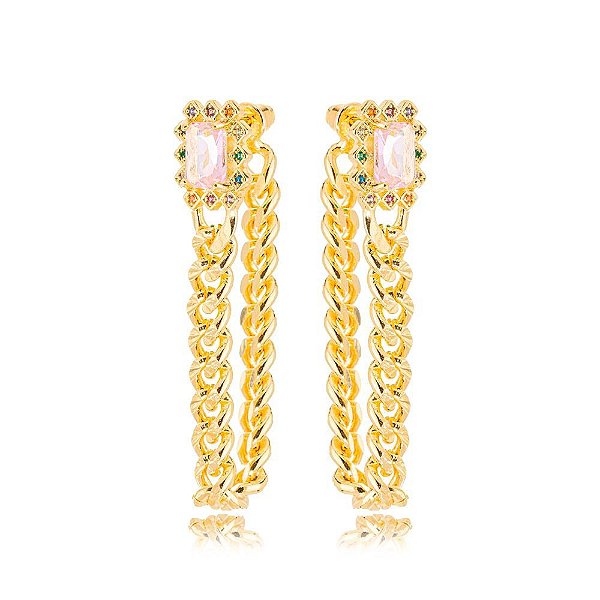 Ear Jacket Corrente Quartzo Rosa Dourado