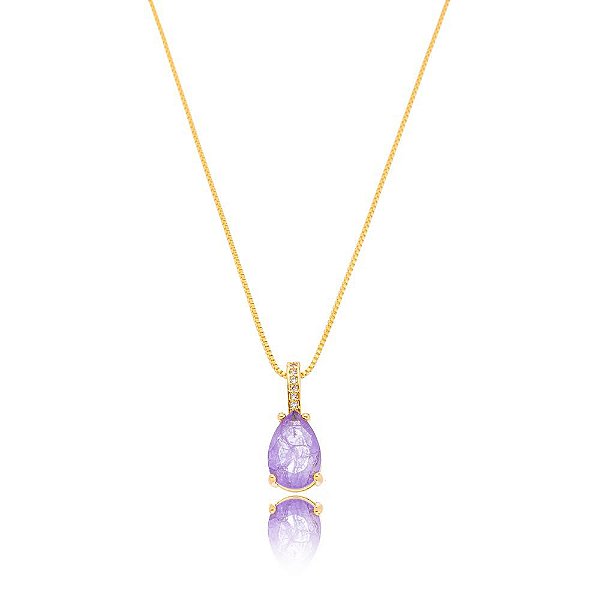 Colar Gota Cristal Fusion Ametista Dourado