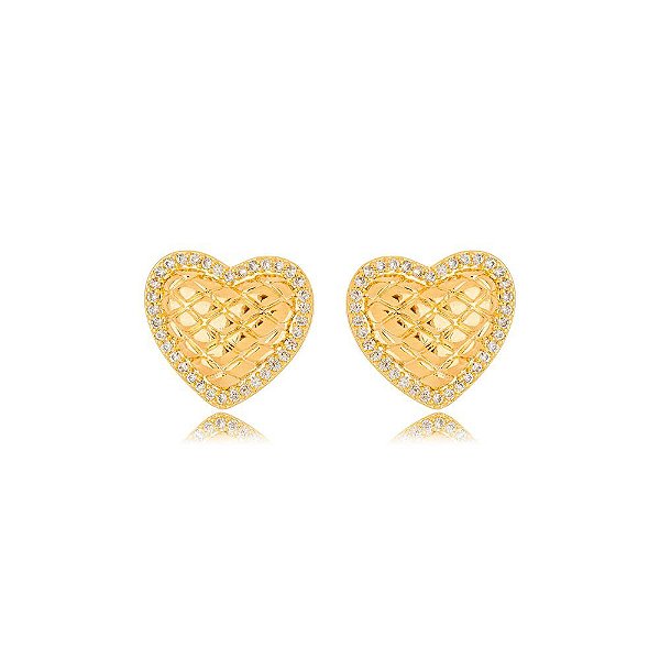 Brinco Coração Matelado Cravejado Dourado