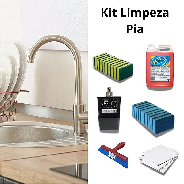 Kit Limpeza Pia – Detergente Neutro 5L, Esponjas, Porta Detergente, Rodo e Panos