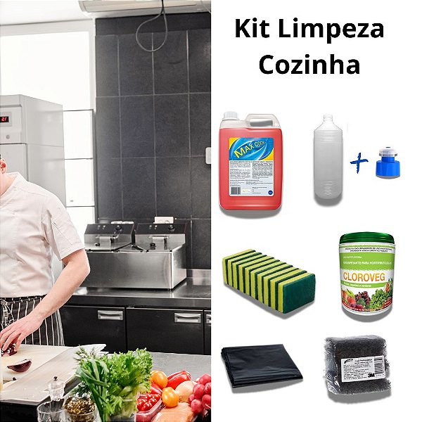 Kit Limpeza Cozinha com Detergente Neutro 5L, Sanitizante + Acessórios