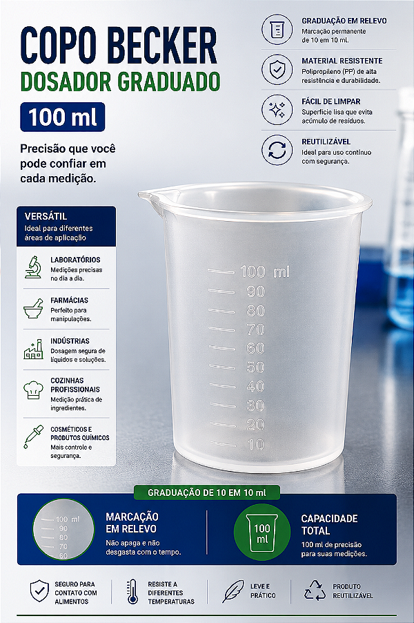 Copo Becker Dosador Graduado PP 100 ml