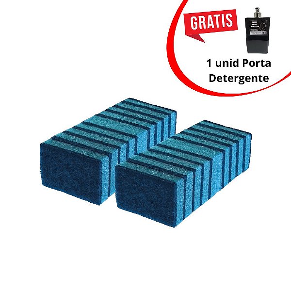 Kit 20 Esponjas Dupla Face Azul + Porta Detergente com Suporte Grátis