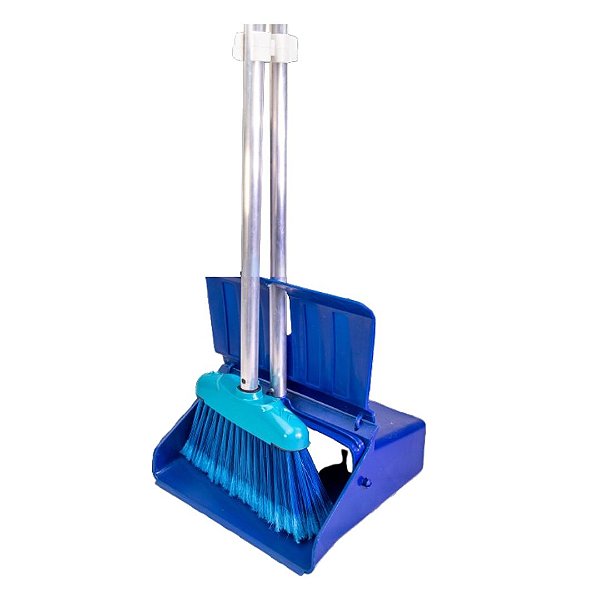 Pá Coletora Azul Com Tampa com Vassoura Cabo 60 cm