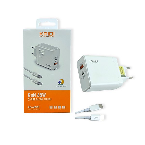 CARREGADOR DE TOMADA TURBO GAN 65W CABO MICRO USB-C/TIPO-C 1MT KD-681CC