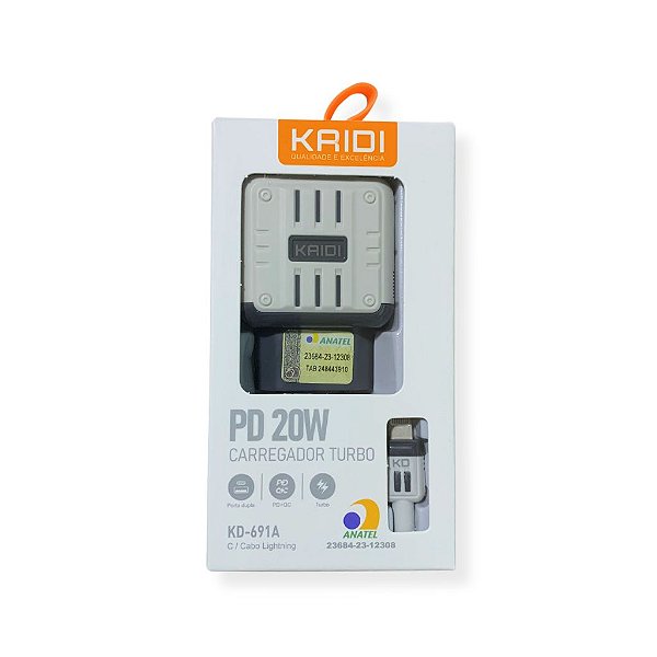 CARREGADOR DE TOMADA, TURBO, PD+QC, 3.0, 20W USB/LIGHTNING KD-691A