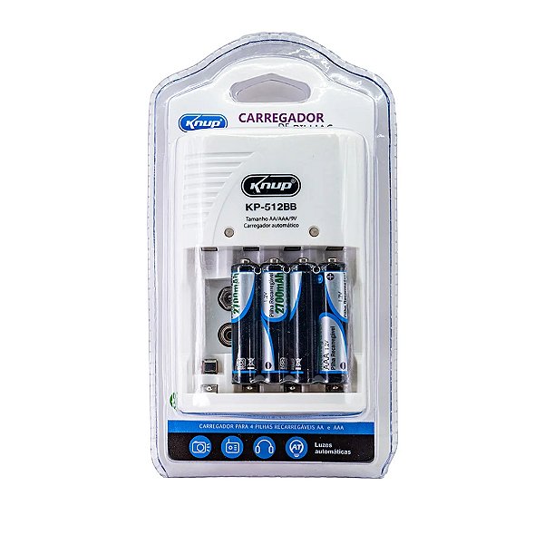 CARREGADOR DE PILHAS AA, AAA E 9V KNUP KP-512BB