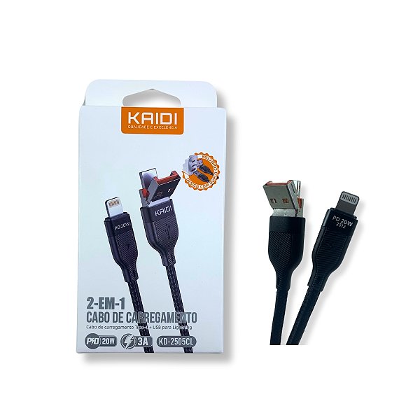 CABO USB 2 EM 1 LIGHTNING KAIDI CARREGAMENTO TURBO 1M KD-2505CL