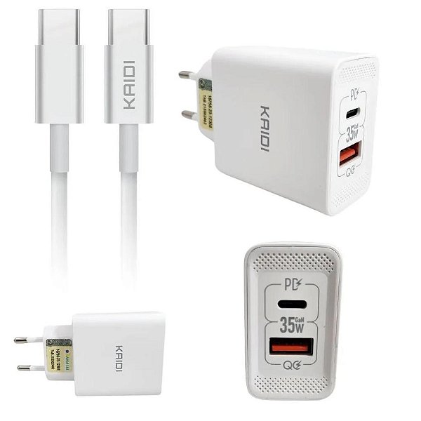 CARREGADOR DE TOMADA TURB GAN DC5V-12V+CABO DE DADOS TIPO-C PARA TIPO-C KD-671CC