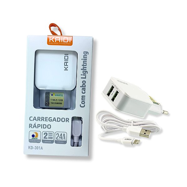 CARREGADOR RÁPIDO KAIDI PARA CELULAR 2 PORTAS USB COM CABO LIGHTNING KD-301A