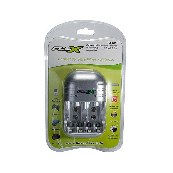 CARREGADOR DE BATERIA/ PILHA FLEX FX-C03