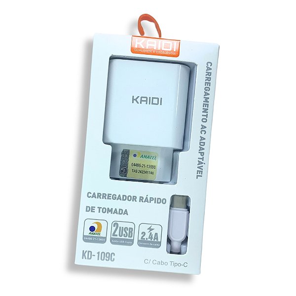 CARREGADOR RÁPIDO KAIDI PARA CELULAR 2 PORTAS USB COM CABO USB/TIPO C KD-109C